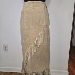 Suede Leather Tan Fringe Midi Skirt
